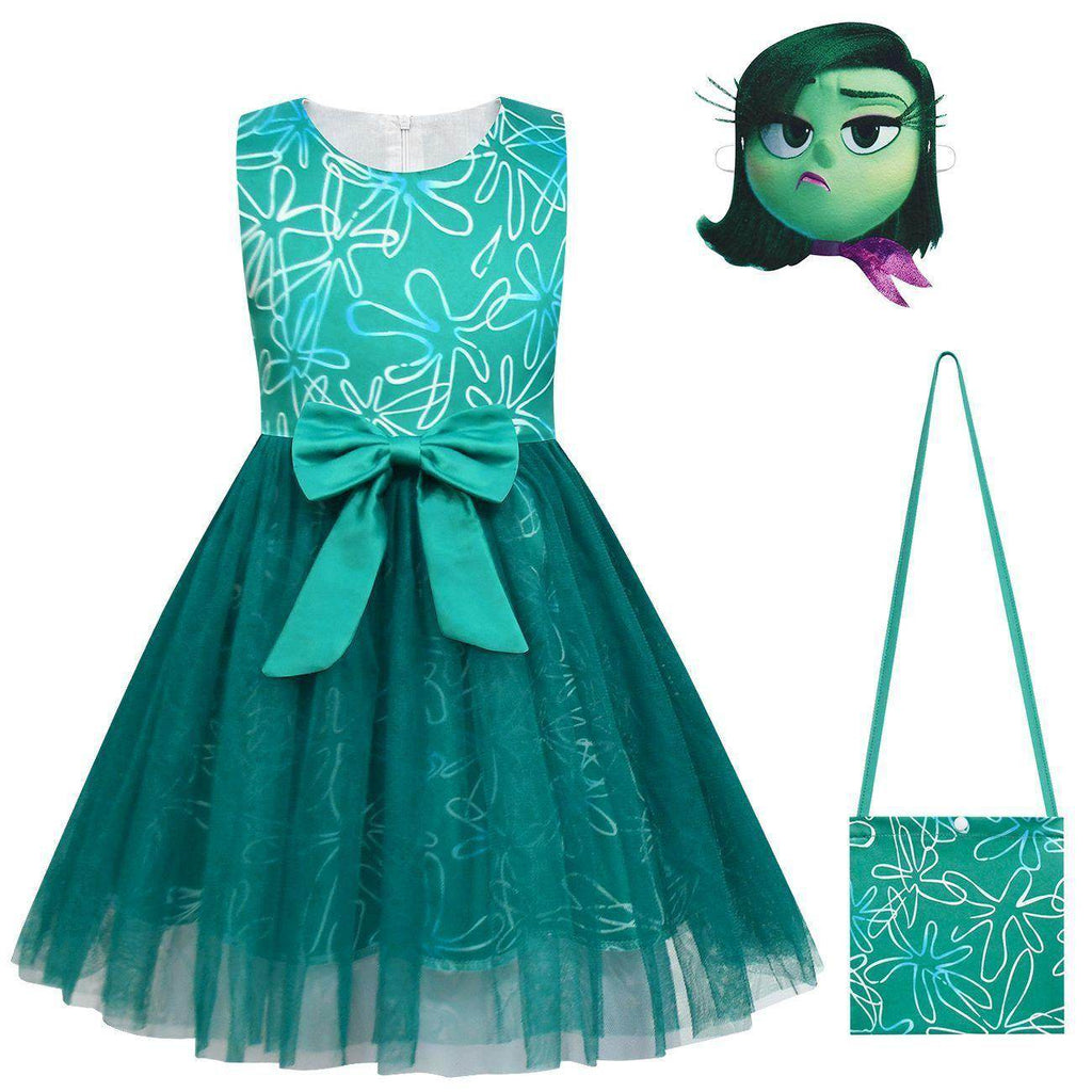 Kids' Inside Out Disgust Tutu Dress Cosplay Princess Gown with Bag and Mask - Azufun