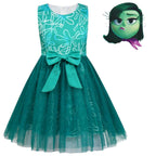 Kids' Inside Out Disgust Tutu Dress Cosplay Princess Gown with Bag and Mask - Azufun