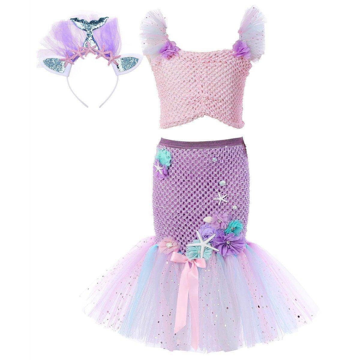 Mermaid Princess Costume Kids Girls Cosplay Party Tutu Dress Halloween Outfit - Azufun