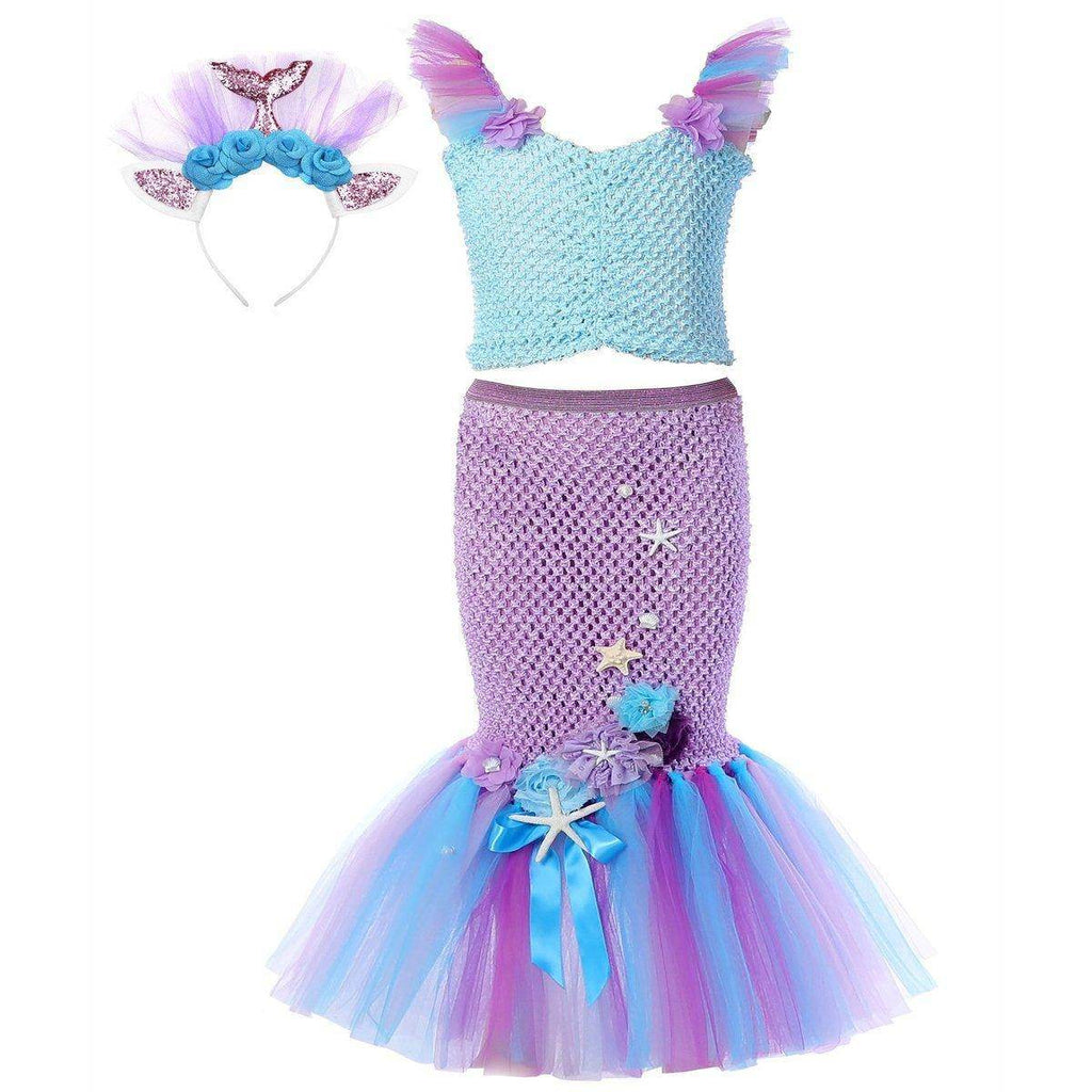Mermaid Princess Costume Kids Girls Cosplay Party Tutu Dress Halloween Outfit - Azufun