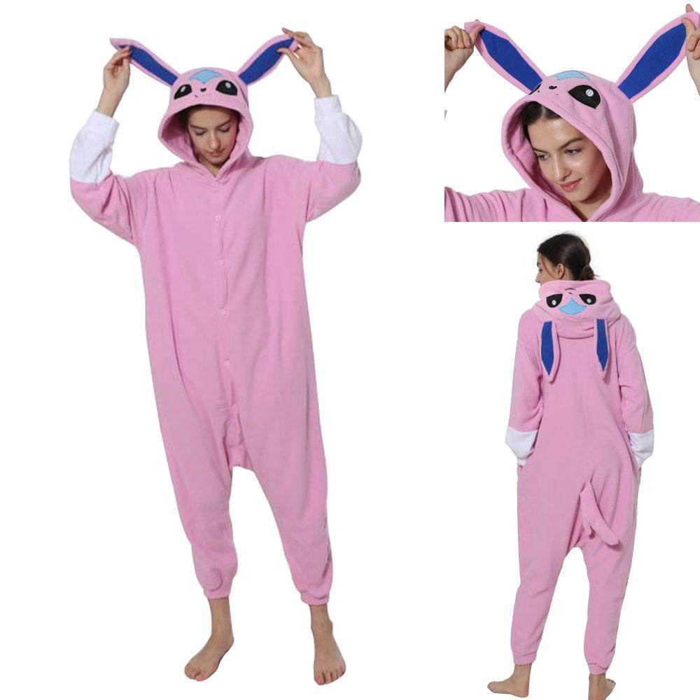 Pokemon Pink Glaceon Eevee Kigurumi Onesie Hoodie Costume Pajamas Sylveon Eevee Pajamas - Azufun