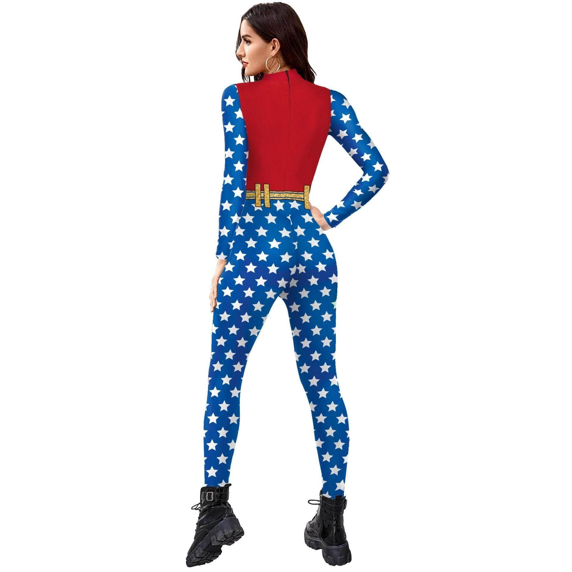 Superhero Wonder Woman Cosplay Costume Halloween Printed Jumpsuit Slim Fit Long Sleeve Party Outfit for Women - Azufun