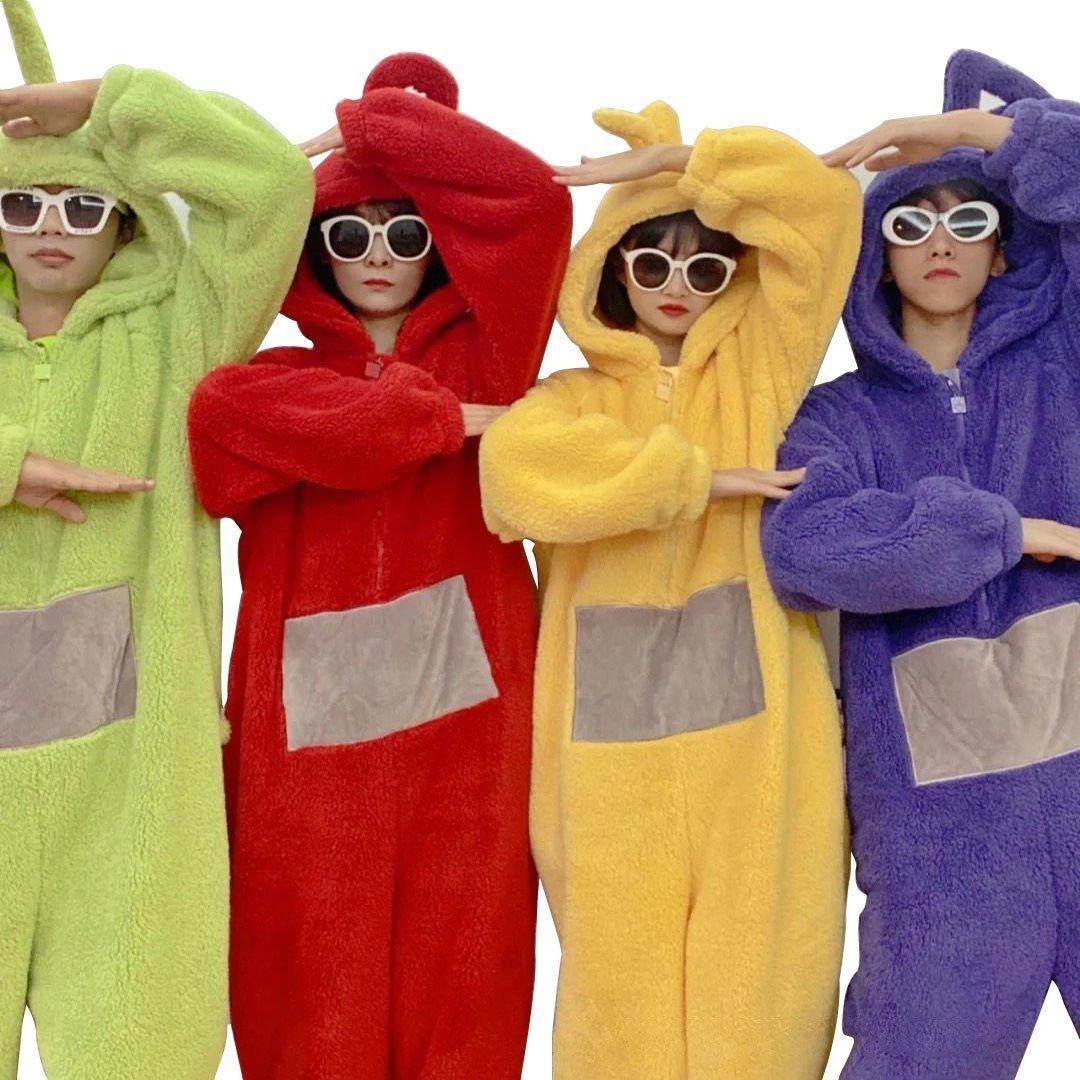 Teletubbies Tinky Winky Dipsy Po Laa-Laa Coral Fleece Onesies Pajamas for Adults Kids - Azufun