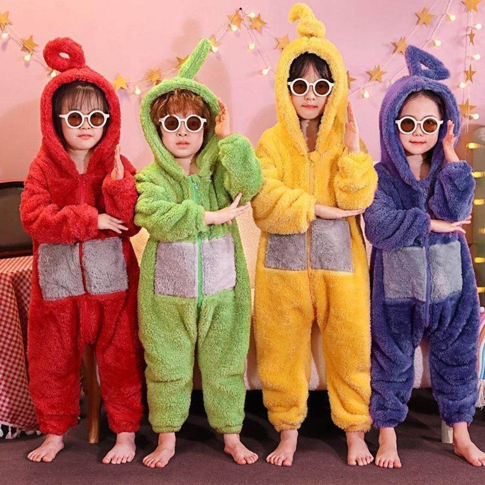 Teletubbies Tinky Winky Dipsy Po Laa-Laa Coral Fleece Onesies Pajamas for Adults Kids - Azufun