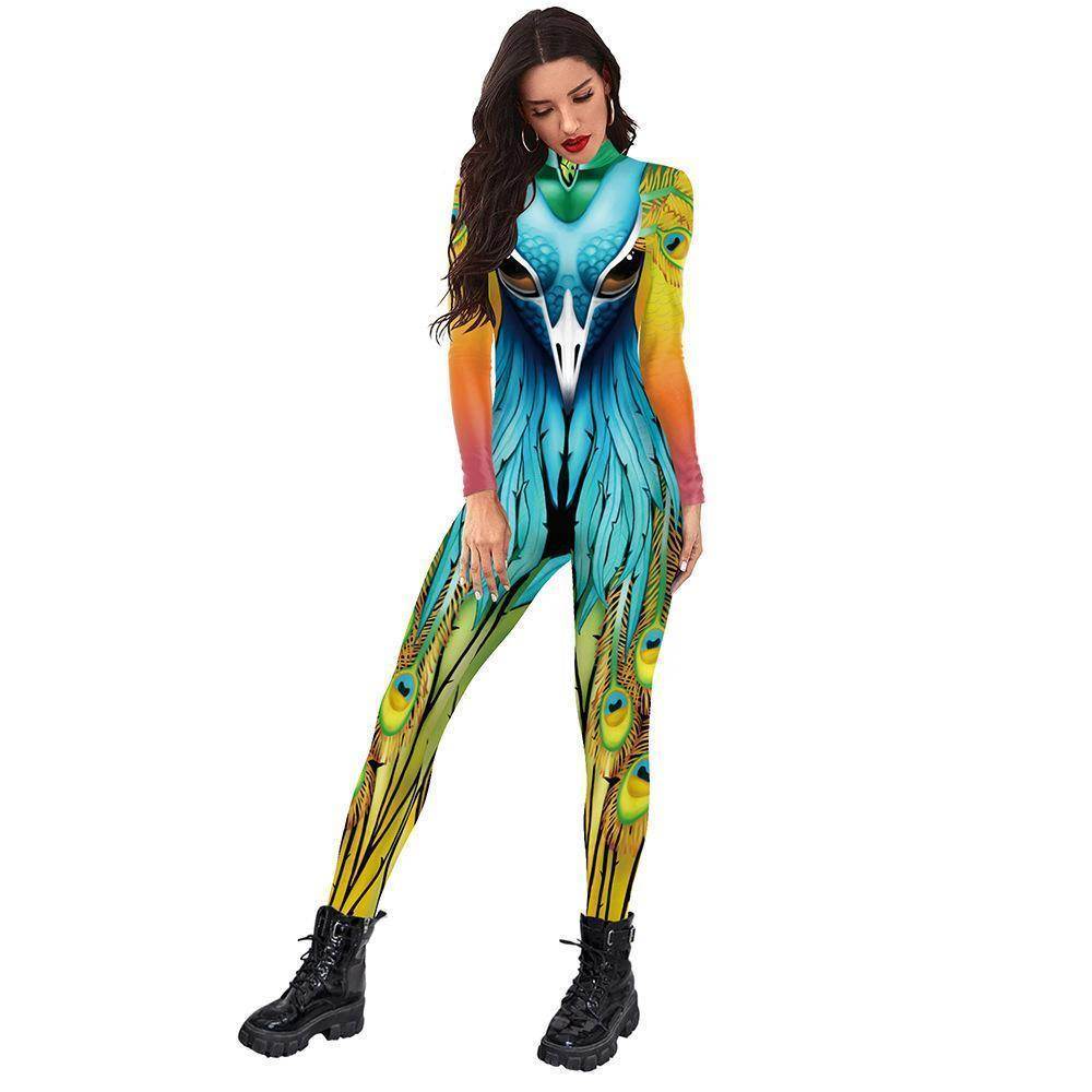 Womens Halloween Costumes Cosplay Peacock Print Jumpsuit Slim Fit Long Sleeve Catsuit Party Outfit - Azufun